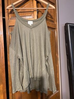 Deletta Olive Cold-Shoulder Waffle Knit lightweight Sweater from Anthropologie